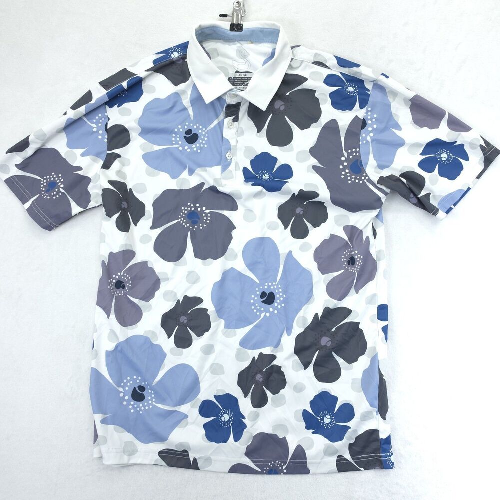 Swannies Polo Shirt Mens Large White Blue Golf Floral Performance